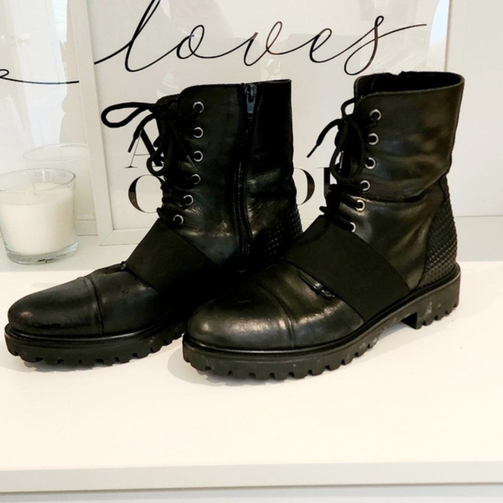 Black soft calfskin leather combat motorcycle Chelsea boots made in Italy - Picture 3 of 12